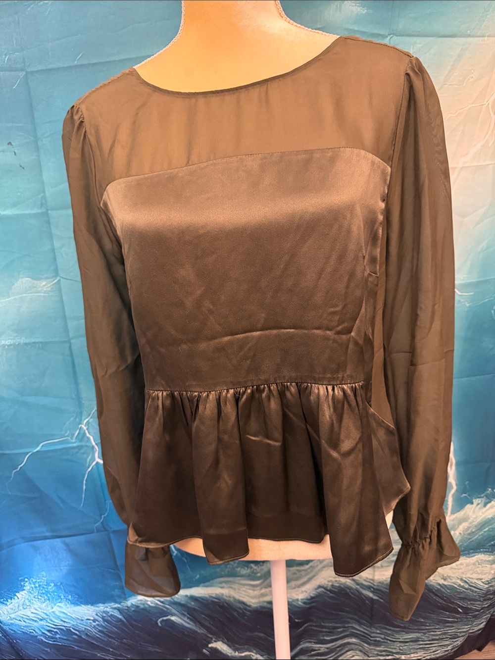 INTERMIX Green Satin & Sheer Peplum Blouse